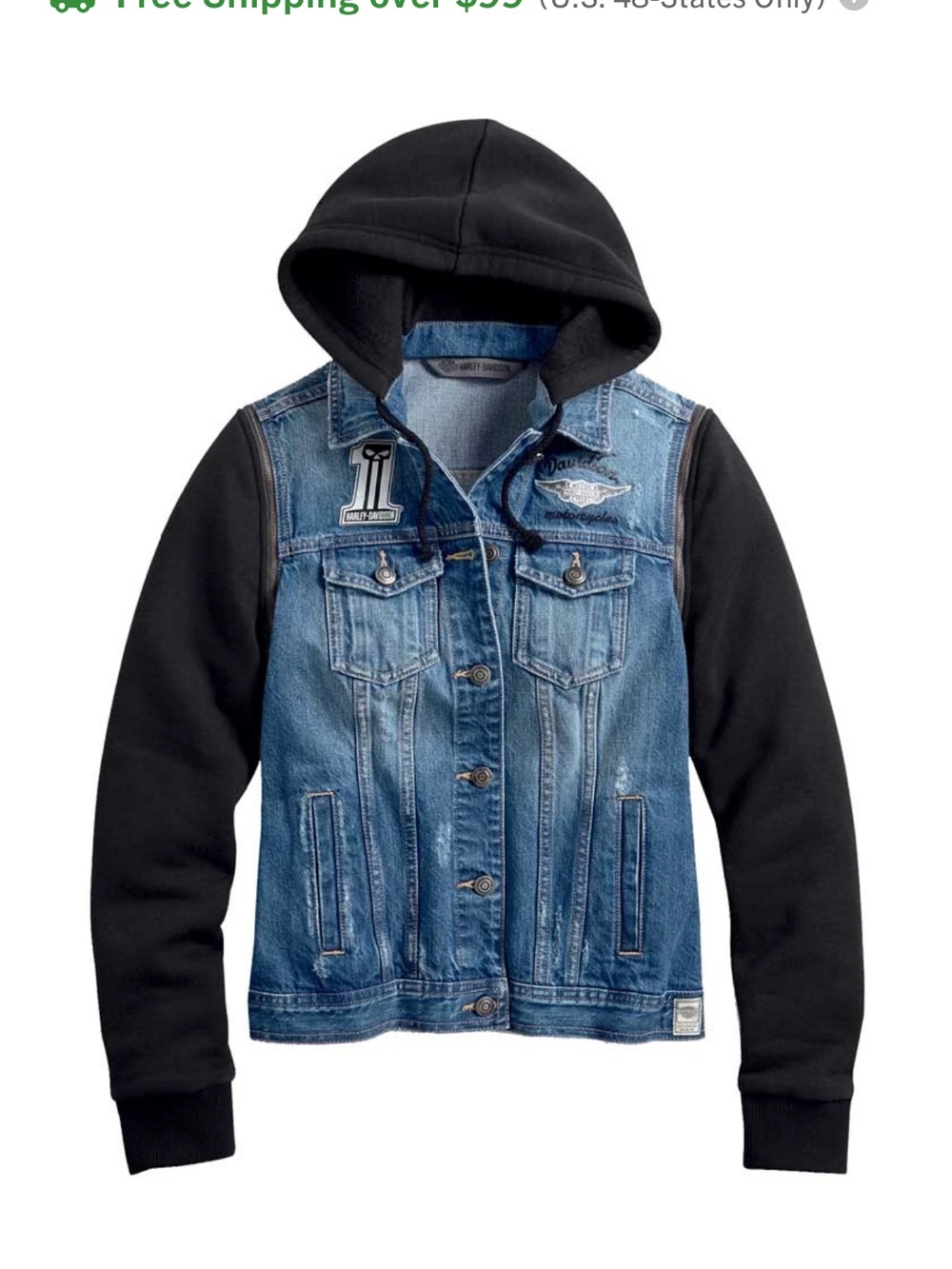 Harley Davidson Two-Tone Denim Jacket with Black Hoodie Sleeves